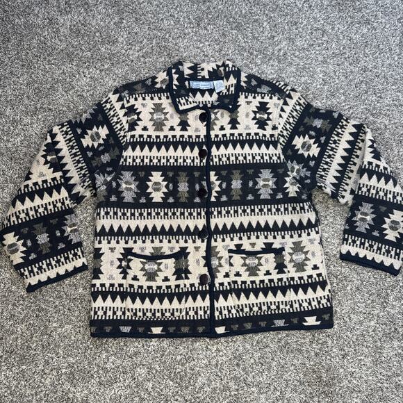 Vintage‎ Women Jane Ashley Western Cowgirl Aztec Button Up Black Cardigan Large - Picture 1 of 8